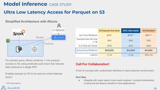 Model Inference CASE STUDY
Ultra Low Latency Access for Parquet on S3
Simplified Architecture with Alluxio
For pointed query, Alluxio achieves < 1ms parquet
access on S3 using predicate push down that reduces
data retrieval to a single RPC
Enables parquet on S3 to be used as online features
store*!
* With Assumptions
S3 Express One Zone EC2: i3en.metal S3 Standard
List Price/TB/Month $110* $132** $23***
Example Data Set Size
in TB
500 500 500
% of Data Set Stored 100% 20% 100%
Actual Cost/TB/Month $55,000 $13,200 $11,500
Latency <1 ms <1 ms 100+ ms
Call For Collaboration!
Proof of concept with customized interface in real customer environment
Next Step
● Integrate with upper layers (more query engines / compute frameworks)
to bring this low latency benefit to more applications!
Features
Models
23
 