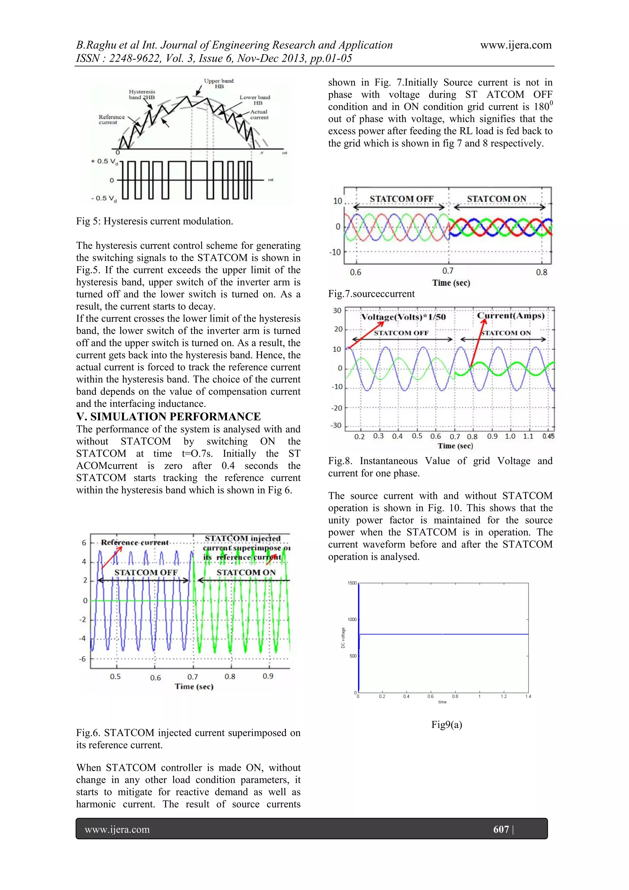 B.Raghu et al Int. Journal of Engineering Research and Application
ISSN : 2248-9622, Vol. 3, Issue 6, Nov-Dec 2013, pp.01-05

www.ijera.com

shown in Fig. 7.Initially Source current is not in
phase with voltage during ST ATCOM OFF
condition and in ON condition grid current is 1800
out of phase with voltage, which signifies that the
excess power after feeding the RL load is fed back to
the grid which is shown in fig 7 and 8 respectively.

Fig 5: Hysteresis current modulation.
The hysteresis current control scheme for generating
the switching signals to the STATCOM is shown in
Fig.5. If the current exceeds the upper limit of the
hysteresis band, upper switch of the inverter arm is
turned off and the lower switch is turned on. As a
result, the current starts to decay.
If the current crosses the lower limit of the hysteresis
band, the lower switch of the inverter arm is turned
off and the upper switch is turned on. As a result, the
current gets back into the hysteresis band. Hence, the
actual current is forced to track the reference current
within the hysteresis band. The choice of the current
band depends on the value of compensation current
and the interfacing inductance.

Fig.7.sourceccurrent

V. SIMULATION PERFORMANCE
The performance of the system is analysed with and
without STATCOM by switching ON the
STATCOM at time t=O.7s. Initially the ST
ACOMcurrent is zero after 0.4 seconds the
STATCOM starts tracking the reference current
within the hysteresis band which is shown in Fig 6.

Fig.6. STATCOM injected current superimposed on
its reference current.

Fig.8. Instantaneous Value of grid Voltage and
current for one phase.
The source current with and without STATCOM
operation is shown in Fig. 10. This shows that the
unity power factor is maintained for the source
power when the STATCOM is in operation. The
current waveform before and after the STATCOM
operation is analysed.

Fig9(a)

When STATCOM controller is made ON, without
change in any other load condition parameters, it
starts to mitigate for reactive demand as well as
harmonic current. The result of source currents
www.ijera.com
Page

607 |

 