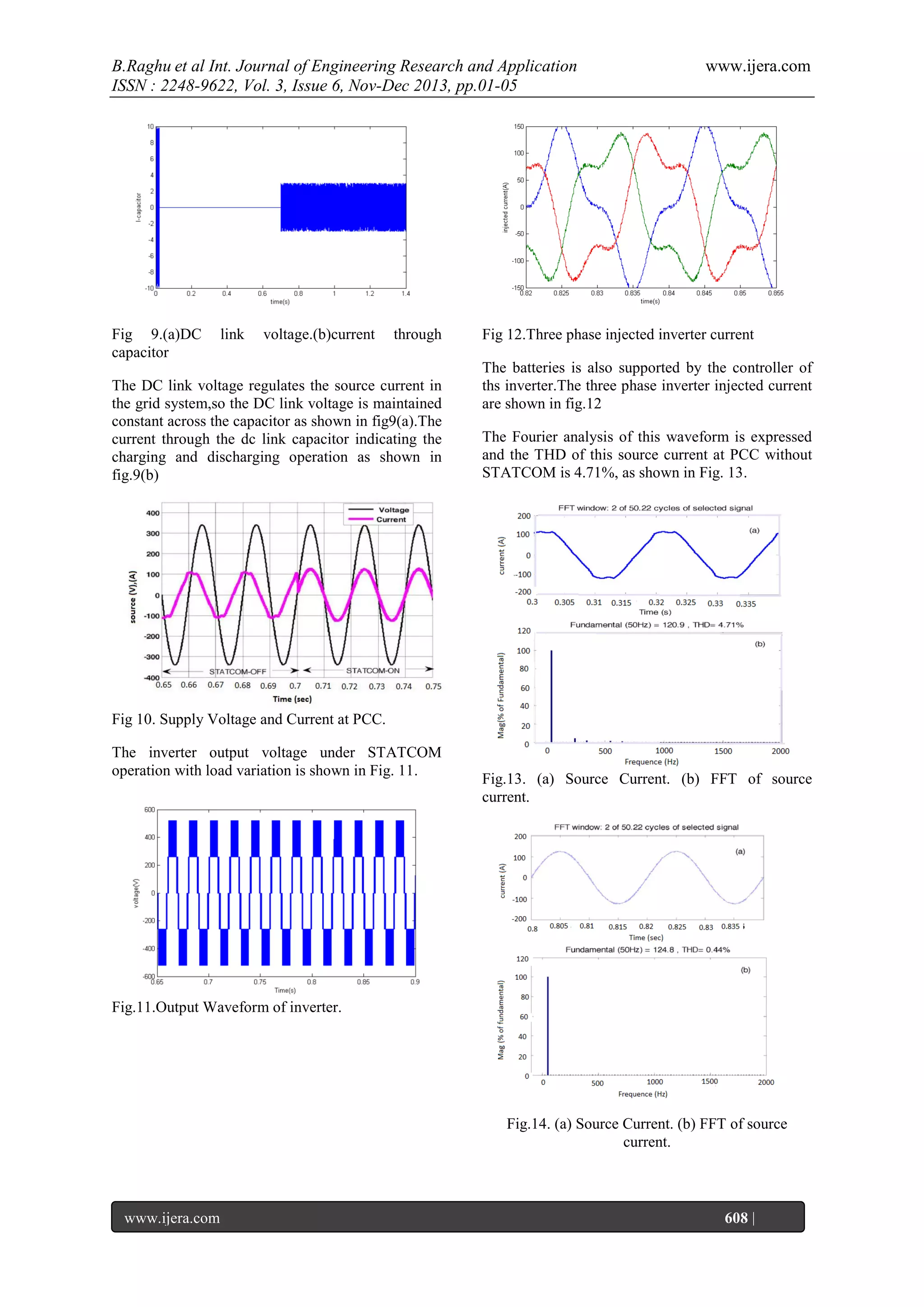 B.Raghu et al Int. Journal of Engineering Research and Application
ISSN : 2248-9622, Vol. 3, Issue 6, Nov-Dec 2013, pp.01-05

Fig 9.(a)DC
capacitor

link

voltage.(b)current

through

The DC link voltage regulates the source current in
the grid system,so the DC link voltage is maintained
constant across the capacitor as shown in fig9(a).The
current through the dc link capacitor indicating the
charging and discharging operation as shown in
fig.9(b)

www.ijera.com

Fig 12.Three phase injected inverter current
The batteries is also supported by the controller of
ths inverter.The three phase inverter injected current
are shown in fig.12
The Fourier analysis of this waveform is expressed
and the THD of this source current at PCC without
STATCOM is 4.71%, as shown in Fig. 13.

Fig 10. Supply Voltage and Current at PCC.
The inverter output voltage under STATCOM
operation with load variation is shown in Fig. 11.

Fig.13. (a) Source Current. (b) FFT of source
current.

Fig.11.Output Waveform of inverter.

Fig.14. (a) Source Current. (b) FFT of source
current.

www.ijera.com
Page

608 |

 