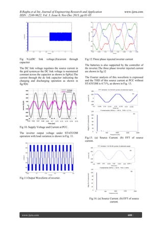 B.Raghu et al Int. Journal of Engineering Research and Application
ISSN : 2248-9622, Vol. 3, Issue 6, Nov-Dec 2013, pp.01-05

Fig 9.(a)DC
capacitor

link

voltage.(b)current

through

The DC link voltage regulates the source current in
the grid system,so the DC link voltage is maintained
constant across the capacitor as shown in fig9(a).The
current through the dc link capacitor indicating the
charging and discharging operation as shown in
fig.9(b)

www.ijera.com

Fig 12.Three phase injected inverter current
The batteries is also supported by the controller of
ths inverter.The three phase inverter injected current
are shown in fig.12
The Fourier analysis of this waveform is expressed
and the THD of this source current at PCC without
STATCOM is 4.71%, as shown in Fig. 13.

Fig 10. Supply Voltage and Current at PCC.
The inverter output voltage under STATCOM
operation with load variation is shown in Fig. 11.

Fig.13. (a) Source Current. (b) FFT of source
current.

Fig.11.Output Waveform of inverter.

Fig.14. (a) Source Current. (b) FFT of source
current.

www.ijera.com
Page

608 |

 
