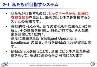 2-1. 私たちが目指すシステム
• 私たちが目指すものは、ビッグデータから、即座に
有益な知見を見出し、顧客のビジネスを支援するシ
ステムの実現です。
• 長期的なトレンドも、日々の変化も手に取るように理
解し、その影響を把握し、対処が打てる、そんな未
来を想像してください。
高度に洗練された「Intelligent Operational
Excellence」の世界、それをENdoSnipeが実現しま
す。
• ENdoSnipeを使うことで、企業はビジネス変革を確
信をもって、高速に進める事が可能になります。
Copyright © Acroquest Technology Co., Ltd. All rights reserved.
10
 