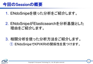今回のSessionの概要
1. ENdoSnipeを使った分析をご紹介します。
2. ENdoSnipeがElasticsearchを分析基盤とした
理由をご紹介します。
3. 相関分析を使った分析方法をご紹介します。
① ENdoSnipeでKPI/KRIの関係性を見つけます。
Copyright © Acroquest Technology Co., Ltd. All rights reserved.
3
 