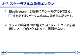 3-7. スケーラブルな検索エンジン
1. Elasticsearchは簡単にスケールアウトできる。
① 性能が不足、データの増加に、即時対応ができる。
2. クラスタが自動的に増えた分のハードウェアを活
用し、ノードがいくつあっても問題がない。
Copyright © Acroquest Technology Co., Ltd. All rights reserved.
32
 
