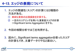 4-13. エッジの表現について
1. エッジの関連性（スコア）の計算には2種類の
方法がある。
① 単純な要素の出現頻度を計算する。
② 一定のスコアリングを用いた重要度スコアの計算
（=Significant terms Aggregation）をする。
2. 今回の相関分析では①を利用する。
3. 因みに、Significant terms aggregationを使ったスコア
の計算もでき、文書データでやると面白い。
Copyright © Acroquest Technology Co., Ltd. All rights reserved.
53
 