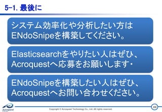 5-1. 最後に
システム効率化や分析したい方は
ENdoSnipeを構築してください。
Elasticsearchをやりたい人はぜひ、
Acroquestへ応募をお願いします・
ENdoSnipeを構築したい人はぜひ、
Acroquestへお問い合わせください。
Copyright © Acroquest Technology Co., Ltd. All rights reserved.
69
 