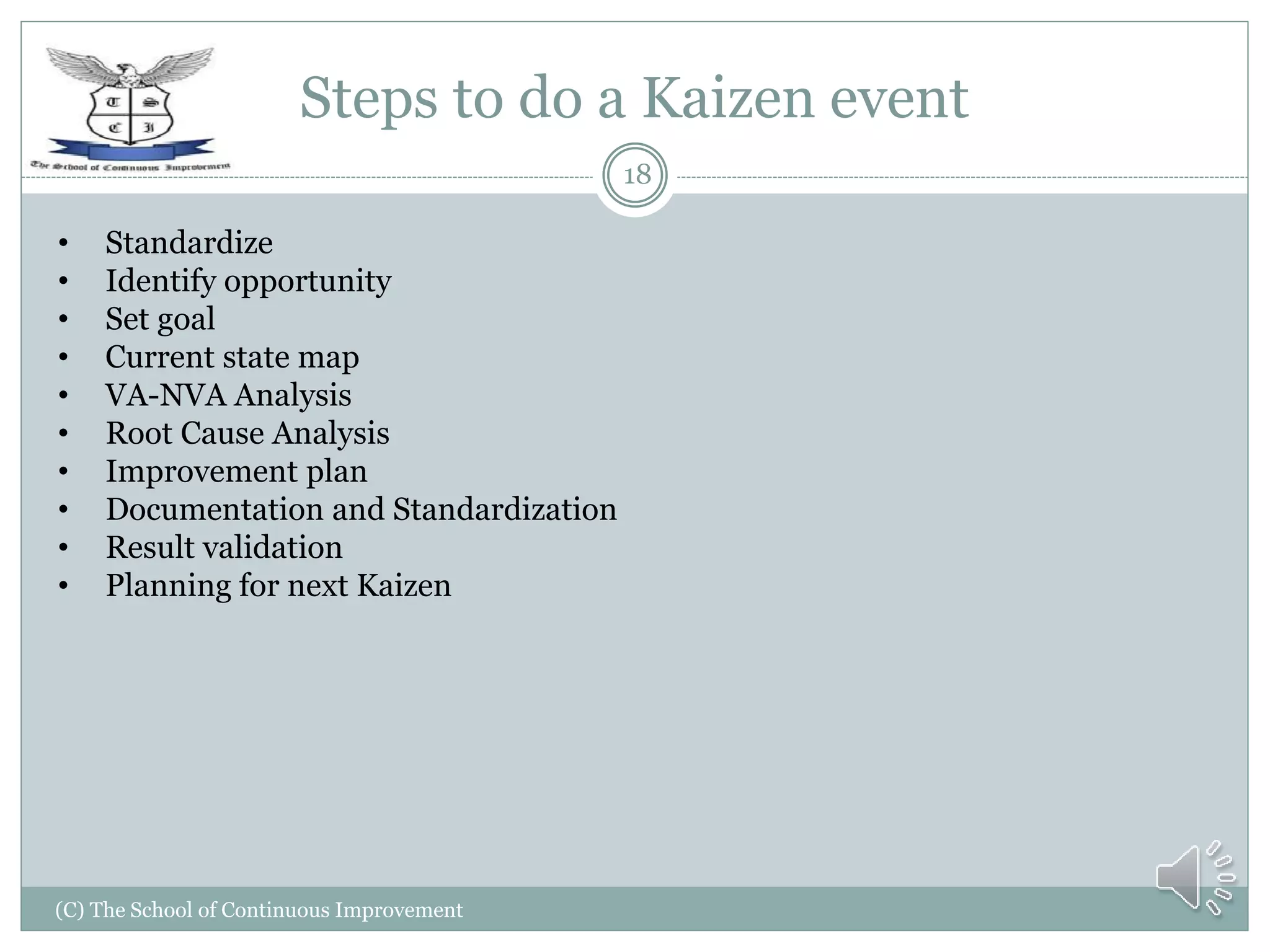 Steps to do a Kaizen event
(C) The School of Continuous Improvement
18
• Standardize
• Identify opportunity
• Set goal
• Current state map
• VA-NVA Analysis
• Root Cause Analysis
• Improvement plan
• Documentation and Standardization
• Result validation
• Planning for next Kaizen
 