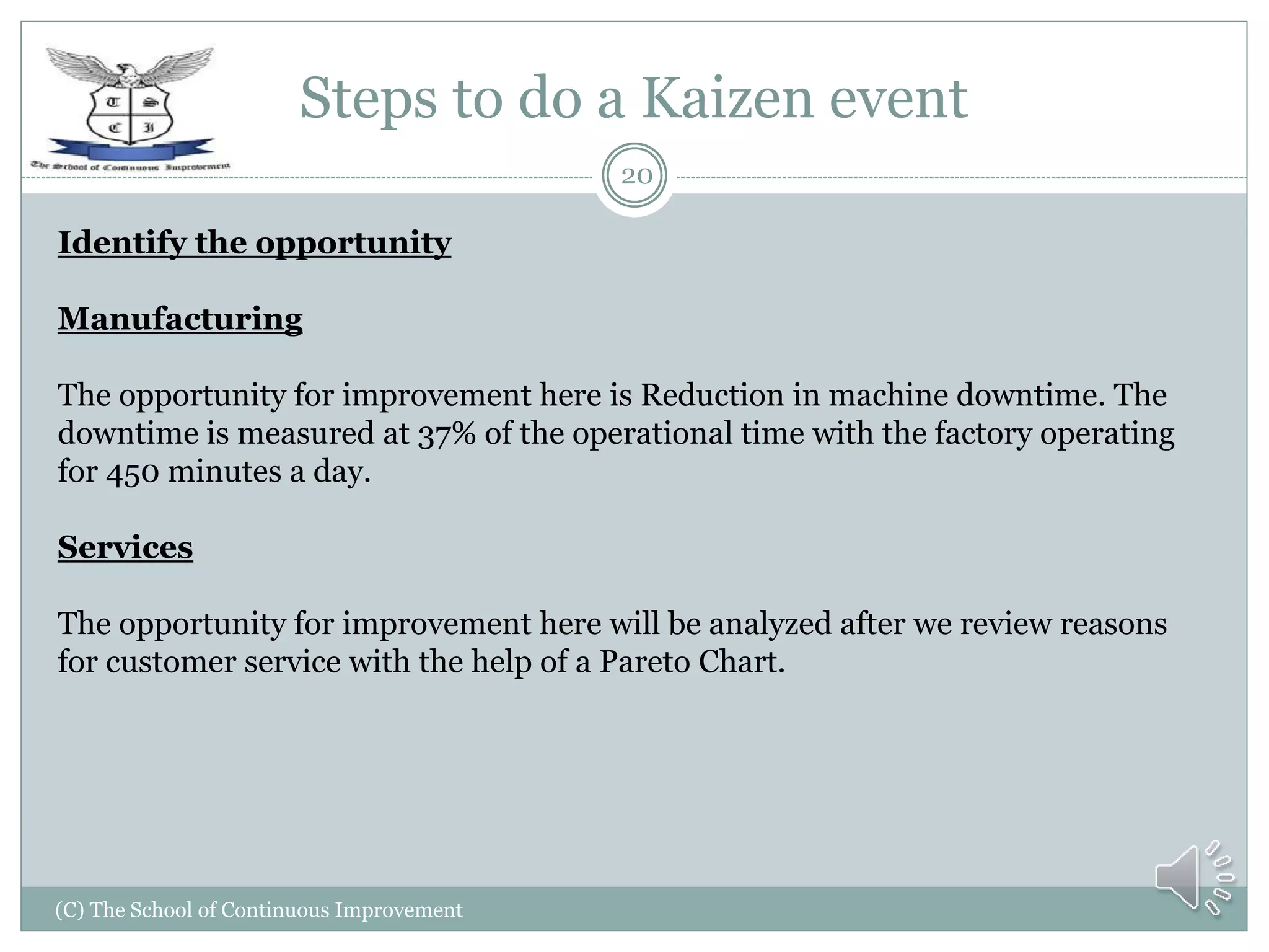 Steps to do a Kaizen event
(C) The School of Continuous Improvement
20
Identify the opportunity
Manufacturing
The opportunity for improvement here is Reduction in machine downtime. The
downtime is measured at 37% of the operational time with the factory operating
for 450 minutes a day.
Services
The opportunity for improvement here will be analyzed after we review reasons
for customer service with the help of a Pareto Chart.
 
