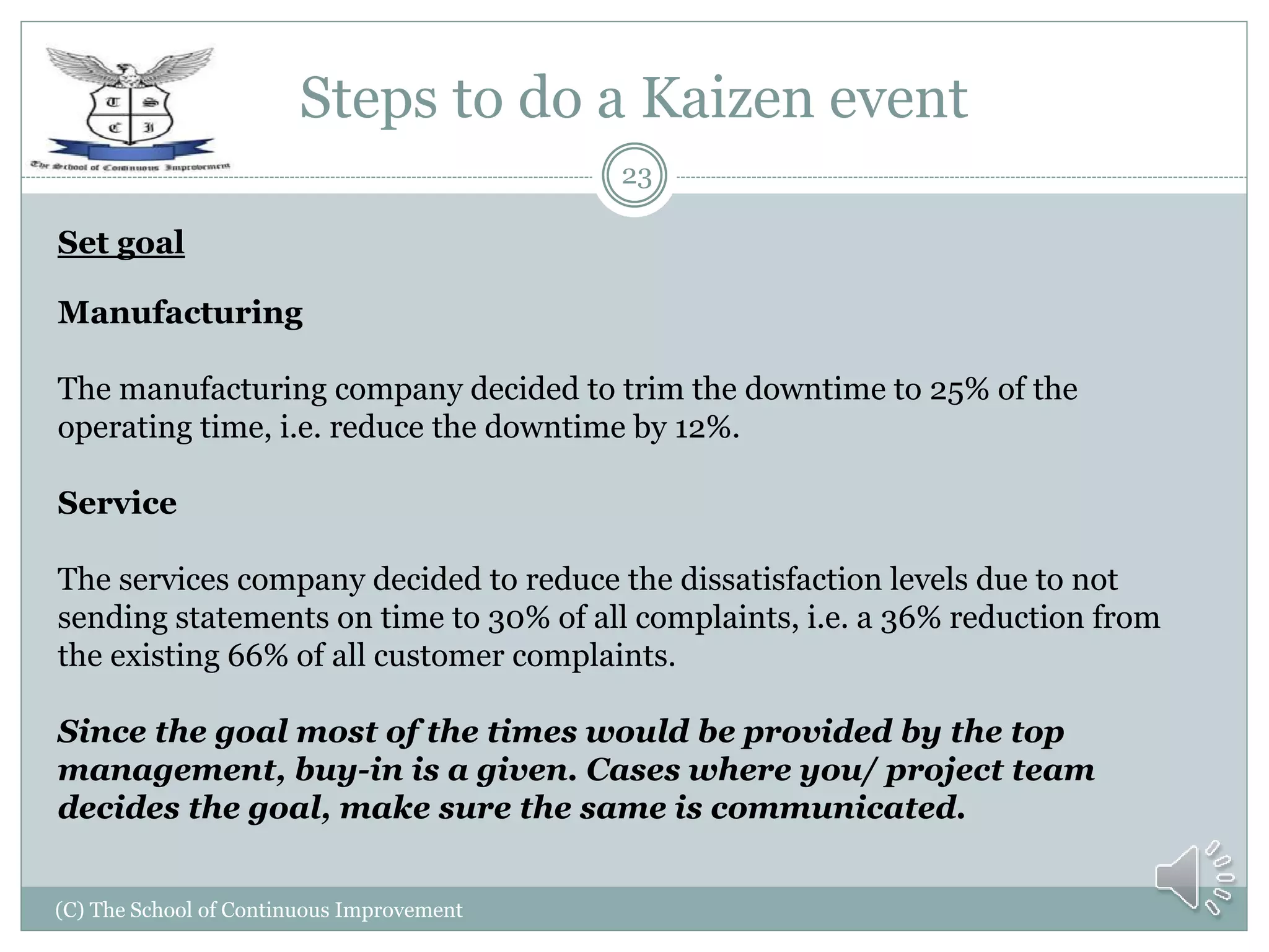 Steps to do a Kaizen event
(C) The School of Continuous Improvement
23
Set goal
Manufacturing
The manufacturing company decided to trim the downtime to 25% of the
operating time, i.e. reduce the downtime by 12%.
Service
The services company decided to reduce the dissatisfaction levels due to not
sending statements on time to 30% of all complaints, i.e. a 36% reduction from
the existing 66% of all customer complaints.
Since the goal most of the times would be provided by the top
management, buy-in is a given. Cases where you/ project team
decides the goal, make sure the same is communicated.
 
