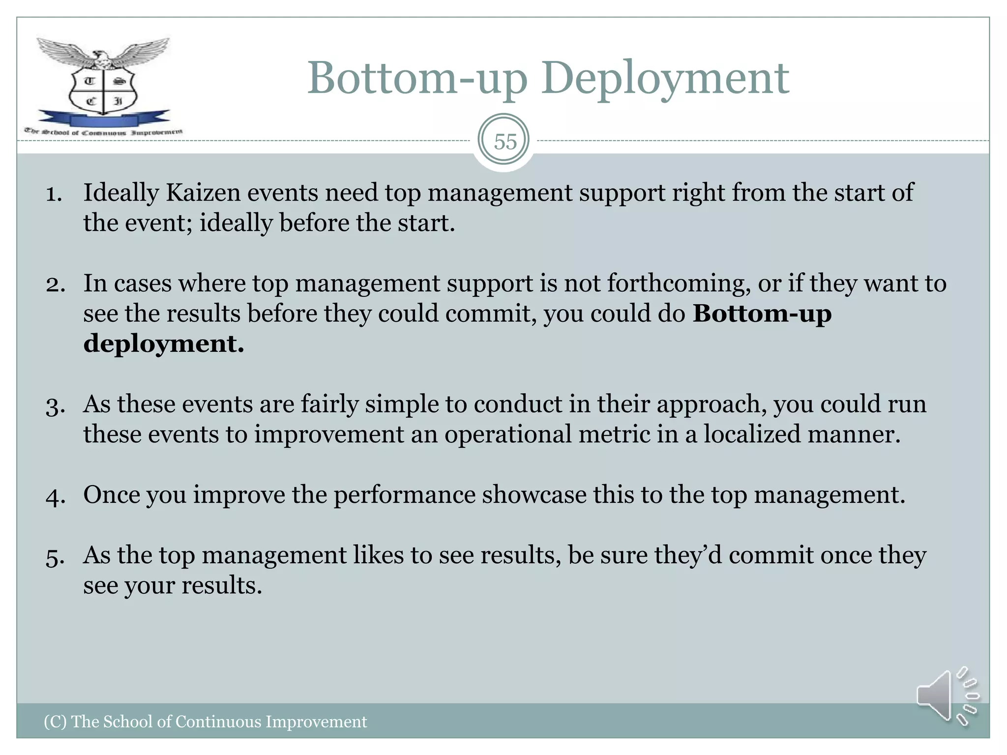 Bottom-up Deployment
(C) The School of Continuous Improvement
55
1. Ideally Kaizen events need top management support right from the start of
the event; ideally before the start.
2. In cases where top management support is not forthcoming, or if they want to
see the results before they could commit, you could do Bottom-up
deployment.
3. As these events are fairly simple to conduct in their approach, you could run
these events to improvement an operational metric in a localized manner.
4. Once you improve the performance showcase this to the top management.
5. As the top management likes to see results, be sure they’d commit once they
see your results.
 