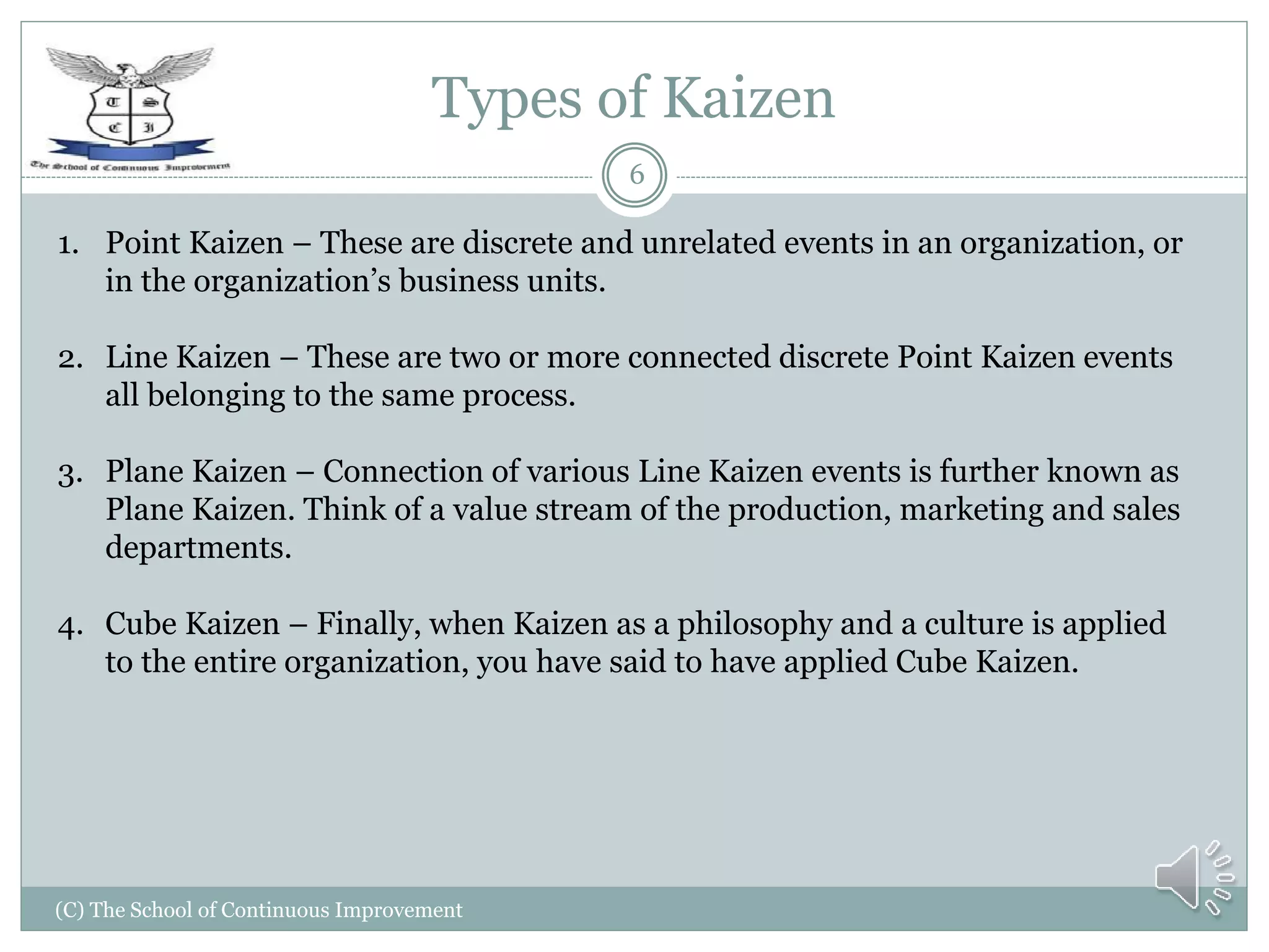 Types of Kaizen
(C) The School of Continuous Improvement
6
1. Point Kaizen – These are discrete and unrelated events in an organization, or
in the organization’s business units.
2. Line Kaizen – These are two or more connected discrete Point Kaizen events
all belonging to the same process.
3. Plane Kaizen – Connection of various Line Kaizen events is further known as
Plane Kaizen. Think of a value stream of the production, marketing and sales
departments.
4. Cube Kaizen – Finally, when Kaizen as a philosophy and a culture is applied
to the entire organization, you have said to have applied Cube Kaizen.
 