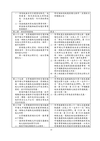 13
一、該設施無法另行建置或取代，或
因建置、取代該設 施之時間過
長，且成本過高，而不具經濟效
益。
二、經拒絕提供其他電信事業利用，
將直接或間接阻礙其他電信事業
參與競爭。
明定樞紐設施應具備之條件，且須經主
管機關公告。
第二節 特別管制措施 節名。
第二十八條 主管機關得命特定電信服
務市場之市場顯著地位者，公開網路
互連、網路元件接取或相關電信基礎
設施之利用所需之必要資訊、條件、
程序及費用。
前項應公開之資訊，除經主管機
關核准外，得不公開互連協議書中智
慧財產之內容。
第一項資訊公開方式，由主管機
關定之。
一、參考歐盟互連與接取指令第九條、德國
電信法第二十條，以及二 O 一五年十一
月「跨太平洋夥伴協定(TPP)」第 13.11
條公開網路互連協議書之規定。
二、第一項明定主管機關得要求特定電信服
務市場之市場顯著地位者公開網路互
連、網路元件接取或相關電信基礎設施
之利用之必要資訊、條件、程序及費
用，例如：公開有關之會計資訊、技術
說明、網路特性、條件、程序及費用。
三、第二項參考二 O 一五年十一月「跨太平
洋夥伴協定(TPP)」第 13.11 條有關公開
網路互連(含接取義務)協議書事項，明
定市場顯著地位者除經核准外，得不公
開涉及智慧財產之內容。
四、第三項授權主管機關訂定資訊公開之方
式。
第二十九條 主管機關得命特定電信服
務市場之市場顯著地位者，其網路互
連、網路元件接取或相關電信基礎設
施之利用之協議應符合公平及合理之
原則，並不得為差別待遇。
前項所稱不得為差別待遇，指市
場顯著地位者提供予他電信事業有關
品質、價格、條件及資訊之協議，不
低於其自己之子公司、關係企業或共
同合作對象。
一、參考歐盟互連與接取指令第十條及德國
電信法第十九條，以及二 O 一五年十一
月「跨太平洋夥伴協定(TPP)」第 13.7
條、第 13.9 條、第 13.11 條，市場顯著
地位者應提供服務之無差別待遇規範，
爰訂定第一項。
二、第二項明定不得為差別待遇之定義。
第三十條 主管機關得命特定電信服務
市場之市場顯著地位者提供網路互
連、網路元件接取或相關電信基礎設
施之利用。
主管機關為前項決定時，應考量
以下事項：
一、提供該等網路元件或電信基礎設
施之技術及經濟可行性。
二、維持市場長期競爭之必要性。
一、參考德國電信法第二十一條之互連與接
取義務，以及二 O 一五年十一月「跨太
平洋夥伴協定(TPP)」第 13.10 條、第
13.11 條、第 13.13 條、第 13.14 條提供
網路互連、電路出租或相關網路元件、
電信基礎設施或服務之接取義務規範，
市場顯著地位者應以合理價格提供其他
電信事業網路互連或接取服務，以及主
管機關得要求其提供有關電信設備或服
 