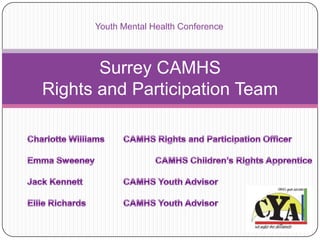 Surrey CAMHS
Rights and Participation Team
Youth Mental Health Conference
 