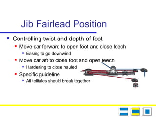 Jib Fairlead Position
 Controlling twist and depth of foot
 Move car forward to open foot and close leech

Easing to go downwind
 Move car aft to close foot and open leech

Hardening to close hauled
 Specific guideline

All telltales should break together
 