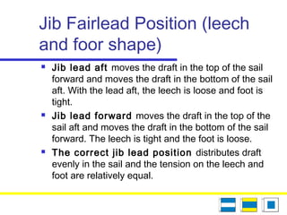 Jib Fairlead Position (leech
and foor shape)
 Jib lead aft moves the draft in the top of the sail
forward and moves the draft in the bottom of the sail
aft. With the lead aft, the leech is loose and foot is
tight.
 Jib lead forward moves the draft in the top of the
sail aft and moves the draft in the bottom of the sail
forward. The leech is tight and the foot is loose.
 The correct jib lead position distributes draft
evenly in the sail and the tension on the leech and
foot are relatively equal.
 