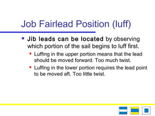 Job Fairlead Position (luff)
 Jib leads can be located by observing
which portion of the sail begins to luff first.
 Luffing in the upper portion means that the lead
should be moved forward. Too much twist.
 Luffing in the lower portion requires the lead point
to be moved aft. Too little twist.
 