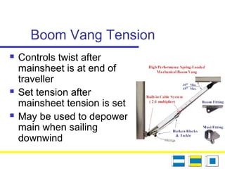 Boom Vang Tension
 Controls twist after
mainsheet is at end of
traveller
 Set tension after
mainsheet tension is set
 May be used to depower
main when sailing
downwind
 