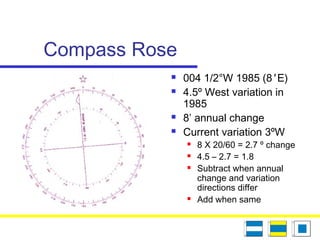 Compass Rose
 004 1/2°W 1985 (8' E)
 4.5º West variation in
1985
 8’ annual change
 Current variation 3ºW
 8 X 20/60 = 2.7 º change
 4.5 – 2.7 = 1.8
 Subtract when annual
change and variation
directions differ
 Add when same
 
