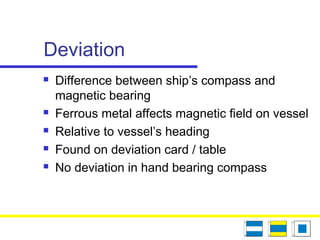 Deviation
 Difference between ship’s compass and
magnetic bearing
 Ferrous metal affects magnetic field on vessel
 Relative to vessel’s heading
 Found on deviation card / table
 No deviation in hand bearing compass
 