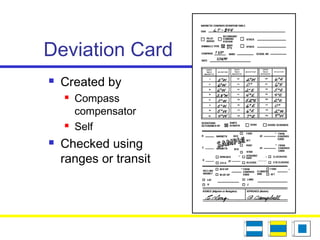 Deviation Card
 Created by
 Compass
compensator
 Self
 Checked using
ranges or transit
 