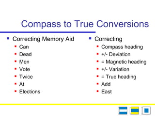 Compass to True Conversions
 Correcting Memory Aid
 Can
 Dead
 Men
 Vote
 Twice
 At
 Elections
 Correcting
 Compass heading
 +/- Deviation
 = Magnetic heading
 +/- Variation
 = True heading
 Add
 East
 