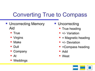 Converting True to Compass
 Uncorrecting Memory
Aid
 True
 Virgins
 Make
 Dull
 Company
 At
 Weddings
 Uncorrecting
 True heading
 +/- Variation
 = Magnetic heading
 +/- Deviation
 =Compass heading
 Add
 West
 