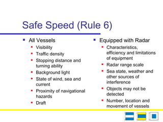 Safe Speed (Rule 6)
 All Vessels
 Visibility
 Traffic density
 Stopping distance and
turning ability
 Background light
 State of wind, sea and
current
 Proximity of navigational
hazards
 Draft
 Equipped with Radar
 Characteristics,
efficiency and limitations
of equipment
 Radar range scale
 Sea state, weather and
other sources of
interference
 Objects may not be
detected
 Number, location and
movement of vessels
 