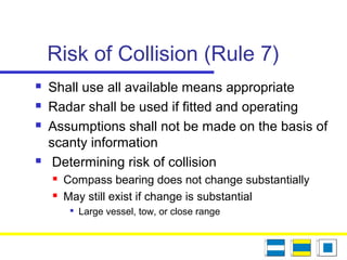 Risk of Collision (Rule 7)
 Shall use all available means appropriate
 Radar shall be used if fitted and operating
 Assumptions shall not be made on the basis of
scanty information
 Determining risk of collision
 Compass bearing does not change substantially
 May still exist if change is substantial

Large vessel, tow, or close range
 