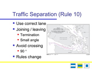 Traffic Separation (Rule 10)
 Use correct lane
 Joining / leaving
 Termination
 Small angle
 Avoid crossing
 90 °
 Rules change
 