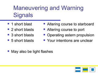 Maneuvering and Warning
Signals
 1 short blast
 2 short blasts
 3 short blasts
 5 short blasts
 May also be light flashes
 Altering course to starboard
 Altering course to port
 Operating astern propulsion
 Your intentions are unclear
 