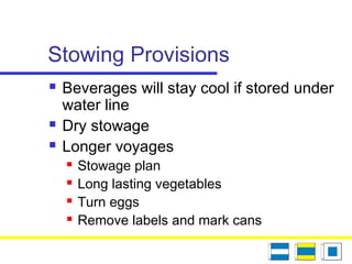 Stowing Provisions
 Beverages will stay cool if stored under
water line
 Dry stowage
 Longer voyages
 Stowage plan
 Long lasting vegetables
 Turn eggs
 Remove labels and mark cans
 