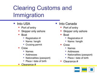 Clearing Customs and
Immigration
 Into USA
 Port of entry
 Skipper only ashore
 Boat

Registration #

Name / length

Cruising permit
 Crew

Names

Addresses

Nationalities (passport)

Place / date of birth
 Clearance #
 Into Canada
 Port of entry
 Skipper only ashore
 Boat

Registration #

Name / length
 Crew

Names

Addresses

Nationalities (passport)

Place / date of birth
 Clearance #
 