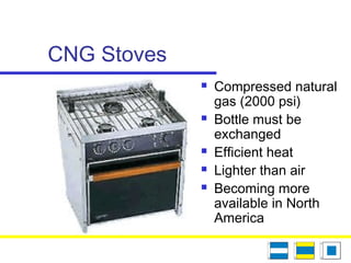 CNG Stoves
 Compressed natural
gas (2000 psi)
 Bottle must be
exchanged
 Efficient heat
 Lighter than air
 Becoming more
available in North
America
 