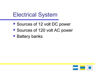 Electrical System
 Sources of 12 volt DC power
 Sources of 120 volt AC power
 Battery banks
 