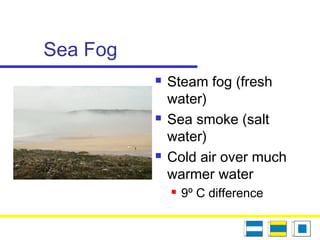 Sea Fog
 Steam fog (fresh
water)
 Sea smoke (salt
water)
 Cold air over much
warmer water
 9º C difference
 