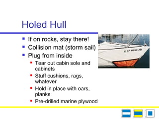 Holed Hull
 If on rocks, stay there!
 Collision mat (storm sail)
 Plug from inside
 Tear out cabin sole and
cabinets
 Stuff cushions, rags,
whatever
 Hold in place with oars,
planks
 Pre-drilled marine plywood
 
