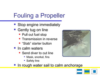 Fouling a Propeller
 Stop engine immediately
 Gently tug on line
 Pull out fuel stop
 Transmission in reverse
 “Stab” starter button
 In calm waters
 Send diver to cut line

Mask, snorkel, fins

Safety line
 In rough water sail to calm anchorage
 