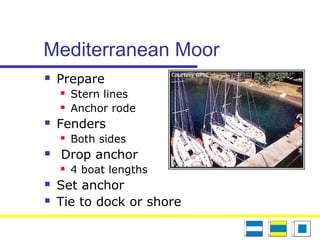 Mediterranean Moor
 Prepare
 Stern lines
 Anchor rode
 Fenders
 Both sides
 Drop anchor
 4 boat lengths
 Set anchor
 Tie to dock or shore
 