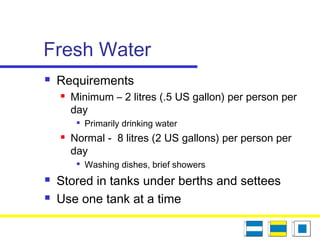 Fresh Water
 Requirements
 Minimum – 2 litres (.5 US gallon) per person per
day

Primarily drinking water
 Normal - 8 litres (2 US gallons) per person per
day

Washing dishes, brief showers
 Stored in tanks under berths and settees
 Use one tank at a time
 