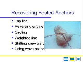 Recovering Fouled Anchors
 Trip line
 Reversing engine
 Circling
 Weighted line
 Shifting crew weight
 Using wave action
 
