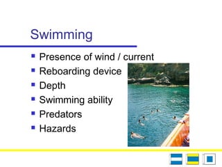 Swimming
 Presence of wind / current
 Reboarding device
 Depth
 Swimming ability
 Predators
 Hazards
 
