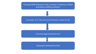 increased SVR( kinking of major arteries) in presence of fixed
pulmonary outflow resistance
Decreased R to L flow and more RV blood is pushed into PA
Increased oxygenated blood to LV
DECREASED HYPERVENTILATION
 