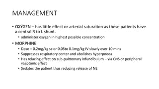 MANAGEMENT
• OXYGEN – has little effect or arterial saturation as these patients have
a central R to L shunt.
• administer oxygen in highest possible concentration
• MORPHINE
• Dose – 0.2mg/kg sc or 0.05to 0.1mg/kg IV slowly over 10 mins
• Suppresses respiratory center and abolishes hyperpnoea
• Has relaxing effect on sub-pulmonary infundibulum – via CNS or peripheral
vagotonic effect
• Sedates the patient thus reducing release of NE
 