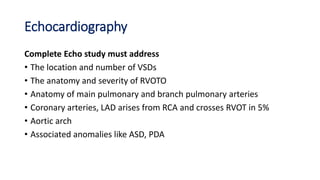 Echocardiography
Complete Echo study must address
• The location and number of VSDs
• The anatomy and severity of RVOTO
• Anatomy of main pulmonary and branch pulmonary arteries
• Coronary arteries, LAD arises from RCA and crosses RVOT in 5%
• Aortic arch
• Associated anomalies like ASD, PDA
 