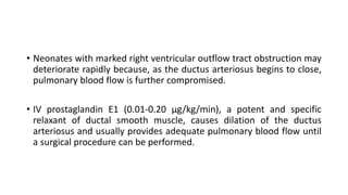 • Neonates with marked right ventricular outflow tract obstruction may
deteriorate rapidly because, as the ductus arteriosus begins to close,
pulmonary blood flow is further compromised.
• IV prostaglandin E1 (0.01-0.20 μg/kg/min), a potent and specific
relaxant of ductal smooth muscle, causes dilation of the ductus
arteriosus and usually provides adequate pulmonary blood flow until
a surgical procedure can be performed.
 