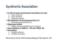 Syndromic Association
• In 12% of cases chromosomal anamolies are seen
1. Down syndrome
2. Patau syndrome
3. Edwards syndrome
• Microdeletion of chromosome 22q 11.2
1. DiGeorge syndrome/CATCH 22
• Single gene defect
1. Alagille syndrome (JAGGED1 gene mutation)
• Low mutations in NKX2.5 – 4% and FOG2- 4%
• Association
1. CHARGE syndrome
2. VACTREL association
Recurrence risk for CHD among siblings of ToF patient -3%
 