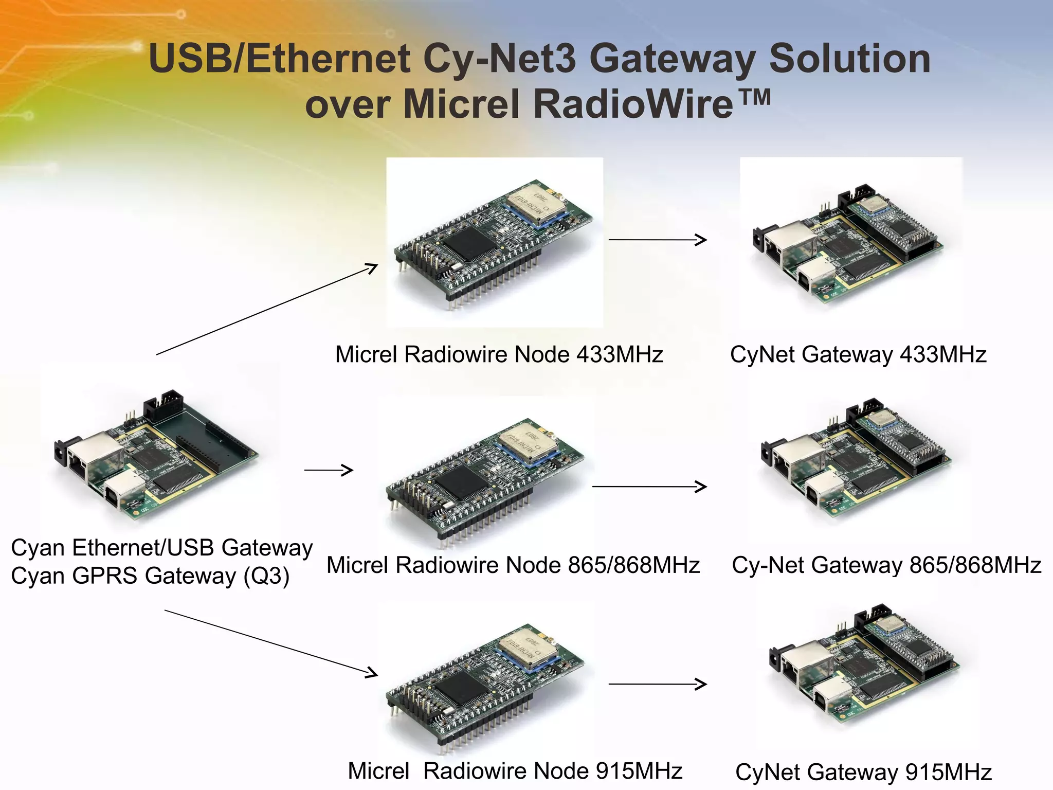 USB/Ethernet Cy-Net3 Gateway Solution over Micrel RadioWire ™ Cyan Ethernet/USB Gateway Cyan GPRS Gateway (Q3)  CyNet Gateway 915MHz CyNet Gateway 433MHz Cy-Net Gateway 865/868MHz Micrel Radiowire Node 433MHz Micrel Radiowire Node 865/868MHz Micrel  Radiowire Node 915MHz 