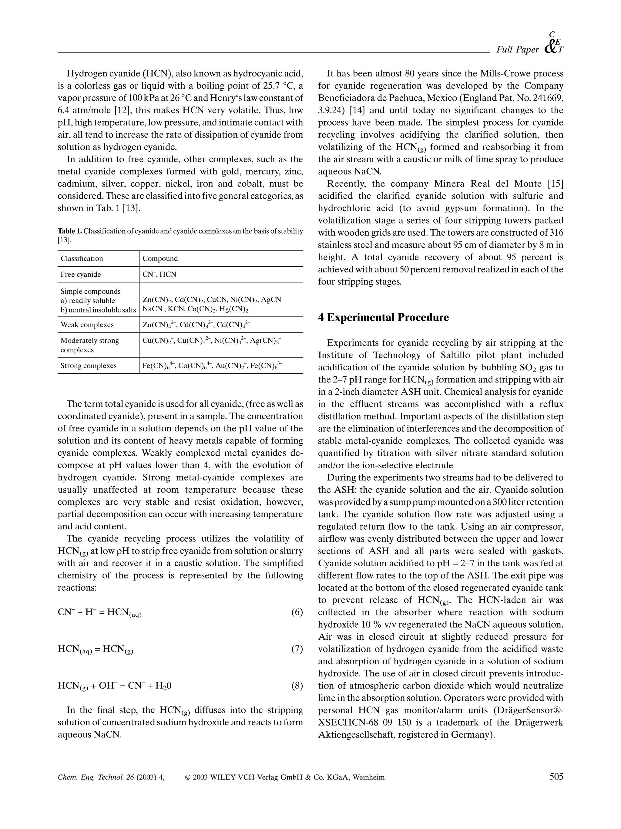 Full Paper

   Hydrogen cyanide (HCN), also known as hydrocyanic acid,                             It has been almost 80 years since the Mills-Crowe process
is a colorless gas or liquid with a boiling point of 25.7 C, a                      for cyanide regeneration was developed by the Company
vapor pressure of 100 kPa at 26 C and Henrys law constant of                       Beneficiadora de Pachuca, Mexico (England Pat. No. 241669,
6.4 atm/mole [12], this makes HCN very volatile. Thus, low                           3.9.24) [14] and until today no significant changes to the
pH, high temperature, low pressure, and intimate contact with                        process have been made. The simplest process for cyanide
air, all tend to increase the rate of dissipation of cyanide from                    recycling involves acidifying the clarified solution, then
solution as hydrogen cyanide.                                                        volatilizing of the HCN(g) formed and reabsorbing it from
   In addition to free cyanide, other complexes, such as the                         the air stream with a caustic or milk of lime spray to produce
metal cyanide complexes formed with gold, mercury, zinc,                             aqueous NaCN.
cadmium, silver, copper, nickel, iron and cobalt, must be                              Recently, the company Minera Real del Monte [15]
considered. These are classified into five general categories, as                    acidified the clarified cyanide solution with sulfuric and
shown in Tab. 1 [13].                                                                hydrochloric acid (to avoid gypsum formation). In the
                                                                                     volatilization stage a series of four stripping towers packed
Table 1. Classification of cyanide and cyanide complexes on the basis of stability   with wooden grids are used. The towers are constructed of 316
[13].
                                                                                     stainless steel and measure about 95 cm of diameter by 8 m in
Classification              Compound                                                 height. A total cyanide recovery of about 95 percent is
Free cyanide                CN±, HCN
                                                                                     achieved with about 50 percent removal realized in each of the
                                                                                     four stripping stages.
Simple compounds
a) readily soluble         Zn(CN)2, Cd(CN)2, CuCN, Ni(CN)2, AgCN
b) neutral insoluble salts NaCN , KCN, Ca(CN)2, Hg(CN)2
                                                                                     4 Experimental Procedure
Weak complexes              Zn(CN)42±, Cd(CN)32±, Cd(CN)42±

Moderately strong           Cu(CN)2±, Cu(CN)32±, Ni(CN)42±, Ag(CN)2±                    Experiments for cyanide recycling by air stripping at the
complexes
                                                                                     Institute of Technology of Saltillo pilot plant included
Strong complexes            Fe(CN)64±, Co(CN)64±, Au(CN)2±, Fe(CN)63±                acidification of the cyanide solution by bubbling SO2 gas to
                                                                                     the 2±7 pH range for HCN(g) formation and stripping with air
                                                                                     in a 2-inch diameter ASH unit. Chemical analysis for cyanide
  The term total cyanide is used for all cyanide, (free as well as                   in the effluent streams was accomplished with a reflux
coordinated cyanide), present in a sample. The concentration                         distillation method. Important aspects of the distillation step
of free cyanide in a solution depends on the pH value of the                         are the elimination of interferences and the decomposition of
solution and its content of heavy metals capable of forming                          stable metal-cyanide complexes. The collected cyanide was
cyanide complexes. Weakly complexed metal cyanides de-                               quantified by titration with silver nitrate standard solution
compose at pH values lower than 4, with the evolution of                             and/or the ion-selective electrode
hydrogen cyanide. Strong metal-cyanide complexes are                                    During the experiments two streams had to be delivered to
usually unaffected at room temperature because these                                 the ASH: the cyanide solution and the air. Cyanide solution
complexes are very stable and resist oxidation, however,                             was provided by a sump pump mounted on a 300 liter retention
partial decomposition can occur with increasing temperature                          tank. The cyanide solution flow rate was adjusted using a
and acid content.                                                                    regulated return flow to the tank. Using an air compressor,
  The cyanide recycling process utilizes the volatility of                           airflow was evenly distributed between the upper and lower
HCN(g) at low pH to strip free cyanide from solution or slurry                       sections of ASH and all parts were sealed with gaskets.
with air and recover it in a caustic solution. The simplified                        Cyanide solution acidified to pH = 2±7 in the tank was fed at
chemistry of the process is represented by the following                             different flow rates to the top of the ASH. The exit pipe was
reactions:                                                                           located at the bottom of the closed regenerated cyanide tank
                                                                                     to prevent release of HCN(g). The HCN-laden air was
CN± + H+ = HCN(aq)                                                            (6)    collected in the absorber where reaction with sodium
                                                                                     hydroxide 10 % v/v regenerated the NaCN aqueous solution.
                                                                                     Air was in closed circuit at slightly reduced pressure for
HCN(aq) = HCN(g)                                                              (7)    volatilization of hydrogen cyanide from the acidified waste
                                                                                     and absorption of hydrogen cyanide in a solution of sodium
                                                                                     hydroxide. The use of air in closed circuit prevents introduc-
HCN(g) + OH± = CN± + H20                                                      (8)    tion of atmospheric carbon dioxide which would neutralize
                                                                                     lime in the absorption solution. Operators were provided with
  In the final step, the HCN(g) diffuses into the stripping                          personal HCN gas monitor/alarm units (DrägerSensor-
solution of concentrated sodium hydroxide and reacts to form                         XSECHCN-68 09 150 is a trademark of the Drägerwerk
aqueous NaCN.                                                                        Aktiengesellschaft, registered in Germany).



Chem. Eng. Technol. 26 (2003) 4,          Ó 2003 WILEY-VCH Verlag GmbH  Co. KGaA, Weinheim             0930-7516/03/0404-0505 $ 17.50+.50/0        505
 