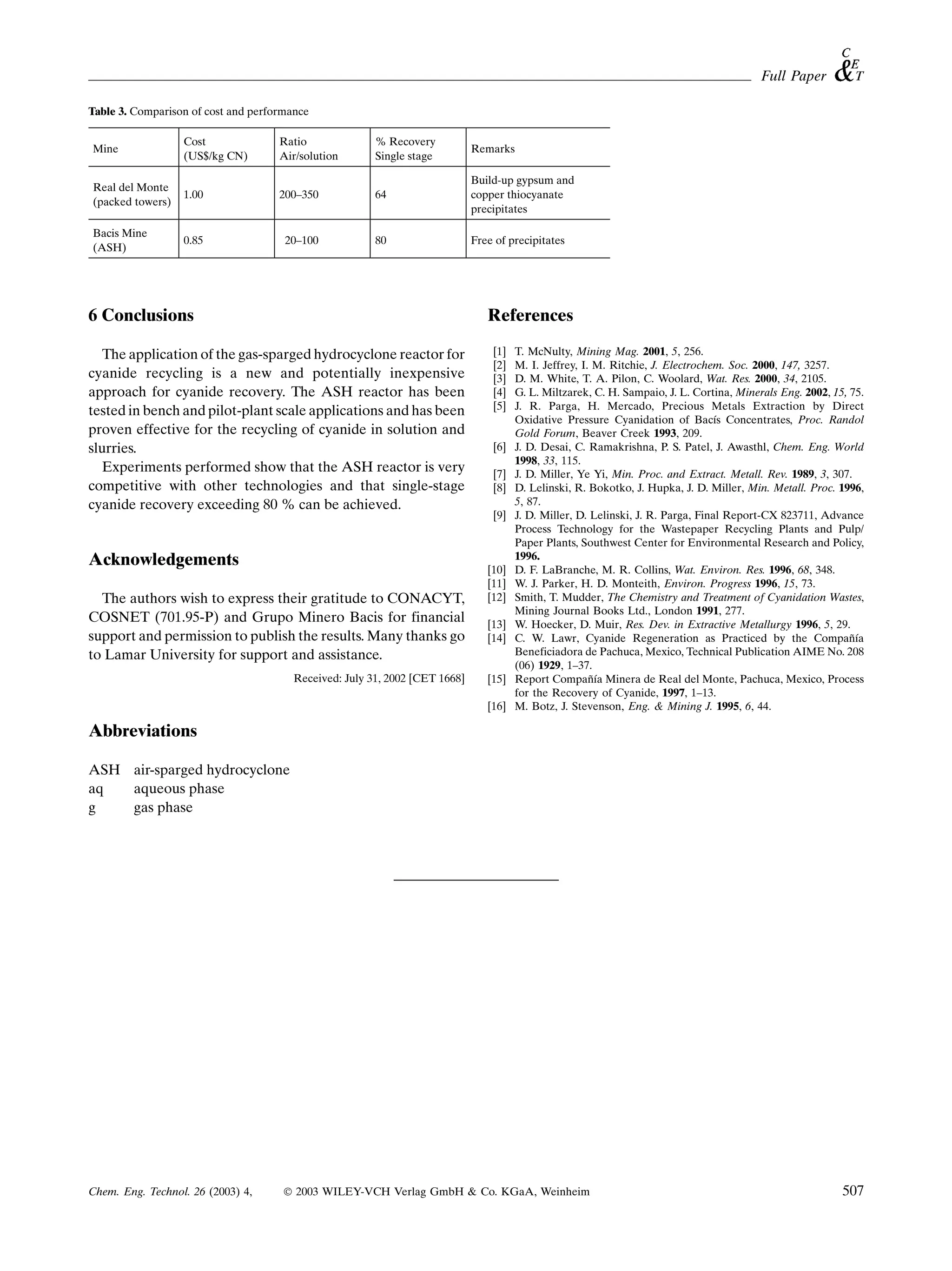 Full Paper

Table 3. Comparison of cost and performance

                  Cost               Ratio              % Recovery
Mine                                                                         Remarks
                  (US$/kg CN)        Air/solution       Single stage

                                                                             Build-up gypsum and
Real del Monte
                  1.00               200±350            64                   copper thiocyanate
(packed towers)
                                                                             precipitates

Bacis Mine
                  0.85                20±100            80                   Free of precipitates
(ASH)




6 Conclusions                                                                   References

   The application of the gas-sparged hydrocyclone reactor for                   [1]   T. McNulty, Mining Mag. 2001, 5, 256.
                                                                                 [2]   M. I. Jeffrey, I. M. Ritchie, J. Electrochem. Soc. 2000, 147, 3257.
cyanide recycling is a new and potentially inexpensive                           [3]   D. M. White, T. A. Pilon, C. Woolard, Wat. Res. 2000, 34, 2105.
approach for cyanide recovery. The ASH reactor has been                          [4]   G. L. Miltzarek, C. H. Sampaio, J. L. Cortina, Minerals Eng. 2002, 15, 75.
tested in bench and pilot-plant scale applications and has been                  [5]   J. R. Parga, H. Mercado, Precious Metals Extraction by Direct
                                                                                       Oxidative Pressure Cyanidation of Bacís Concentrates, Proc. Randol
proven effective for the recycling of cyanide in solution and                          Gold Forum, Beaver Creek 1993, 209.
slurries.                                                                        [6]   J. D. Desai, C. Ramakrishna, P. S. Patel, J. Awasthl, Chem. Eng. World
                                                                                       1998, 33, 115.
   Experiments performed show that the ASH reactor is very                       [7]   J. D. Miller, Ye Yi, Min. Proc. and Extract. Metall. Rev. 1989, 3, 307.
competitive with other technologies and that single-stage                        [8]   D. Lelinski, R. Bokotko, J. Hupka, J. D. Miller, Min. Metall. Proc. 1996,
cyanide recovery exceeding 80 % can be achieved.                                       5, 87.
                                                                                 [9]   J. D. Miller, D. Lelinski, J. R. Parga, Final Report-CX 823711, Advance
                                                                                       Process Technology for the Wastepaper Recycling Plants and Pulp/
                                                                                       Paper Plants, Southwest Center for Environmental Research and Policy,
Acknowledgements                                                                [10]
                                                                                       1996.
                                                                                       D. F. LaBranche, M. R. Collins, Wat. Environ. Res. 1996, 68, 348.
                                                                                [11]   W. J. Parker, H. D. Monteith, Environ. Progress 1996, 15, 73.
  The authors wish to express their gratitude to CONACYT,                       [12]   Smith, T. Mudder, The Chemistry and Treatment of Cyanidation Wastes,
                                                                                       Mining Journal Books Ltd., London 1991, 277.
COSNET (701.95-P) and Grupo Minero Bacis for financial                          [13]   W. Hoecker, D. Muir, Res. Dev. in Extractive Metallurgy 1996, 5, 29.
support and permission to publish the results. Many thanks go                   [14]   C. W. Lawr, Cyanide Regeneration as Practiced by the Compaæía
to Lamar University for support and assistance.                                        Beneficiadora de Pachuca, Mexico, Technical Publication AIME No. 208
                                                                                       (06) 1929, 1±37.
                                        Received: July 31, 2002 [CET 1668]      [15]   Report Compaæía Minera de Real del Monte, Pachuca, Mexico, Process
                                                                                       for the Recovery of Cyanide, 1997, 1±13.
                                                                                [16]   M. Botz, J. Stevenson, Eng.  Mining J. 1995, 6, 44.

Abbreviations

ASH air-sparged hydrocyclone
aq  aqueous phase
g   gas phase



                                                             _______________________




Chem. Eng. Technol. 26 (2003) 4,      Ó 2003 WILEY-VCH Verlag GmbH  Co. KGaA, Weinheim                  0930-7516/03/0404-0507 $ 17.50+.50/0               507
 