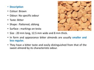 • Description
• Colour: Brown
• Odour: No specific odour
• Taste: Bitter
• Shape : flattened, oblong
• Surface : markings on testa
• Size : 20 mm long, 12.5 mm wide and 8 mm thick.
• In form and appearance bitter almonds are usually smaller and
less regular.
• They have a bitter taste and easily distinguished from that of the
sweet almond by its characteristic odour.
 
