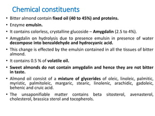 Chemical constituents
• Bitter almond contain fixed oil (40 to 45%) and proteins.
• Enzyme emulsin.
• It contains colorless, crystalline glucoside – Amygdalin (2.5 to 4%).
• Amygdalin on hydrolysis due to presence emulsin in presence of water
decompose into benzaldehyde and hydrocyanic acid.
• This change is effected by the emulsin contained in all the tissues of bitter
almond.
• It contains 0.5 % of volatile oil.
• Sweet almonds do not contain amygdalin and hence they are not bitter
in taste.
• Almond oil consist of a mixture of glycerides of oleic, linoleic, palmitic,
myristic, palmitoleic, margaric, stearic, linolenic, arachidic, gadoleic,
behenic and cruic acid.
• The unsaponifiable matter contains beta sitosterol, avenasterol,
cholesterol, brassica sterol and tocopherols.
 